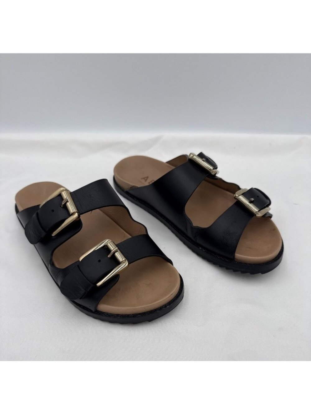 Able Black Leather Double Strap Slide Sandals Gold Buckles Size 8M Made Brazil